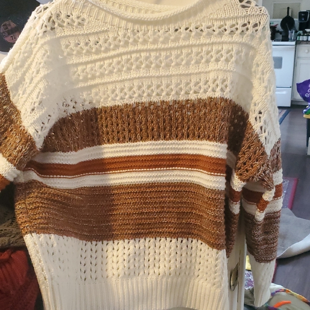 Women's Striped Knit Sweater - Cream and Brown